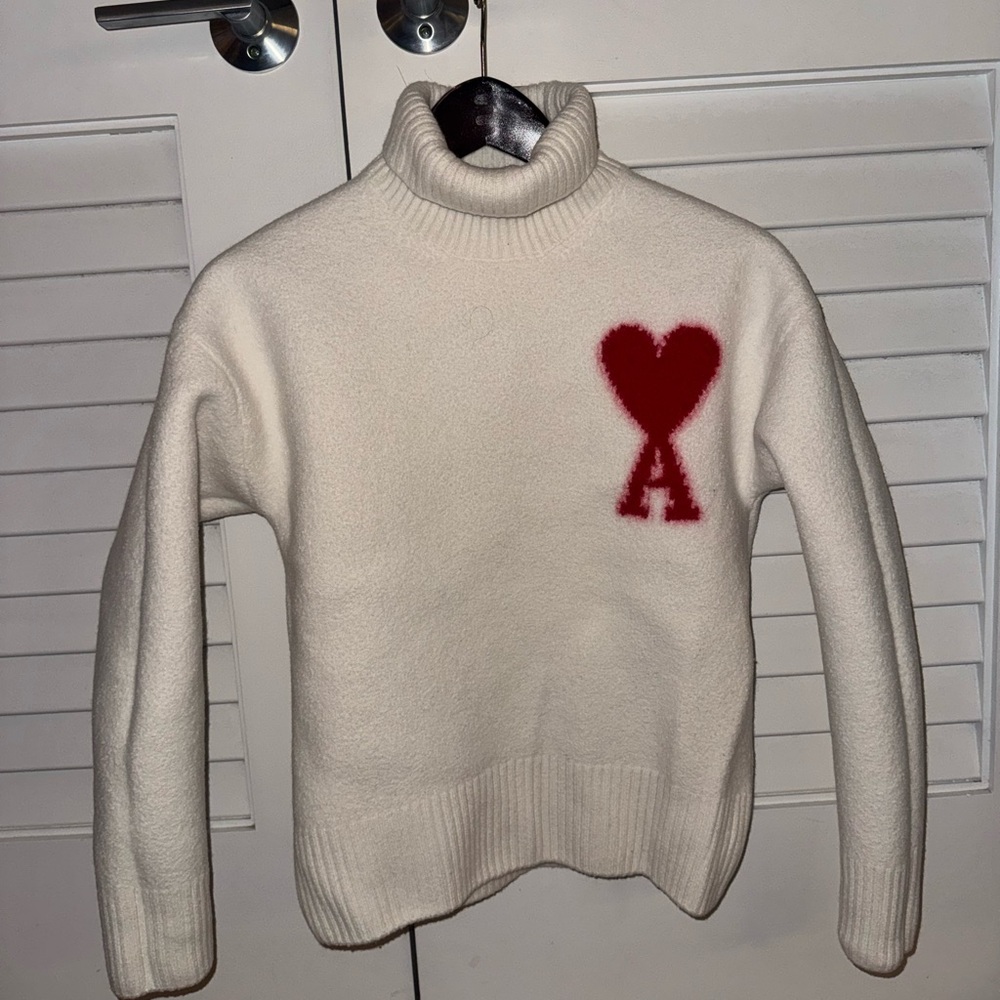 Ami Alexandre Mattiussi Cream Turtleneck with Red Heart